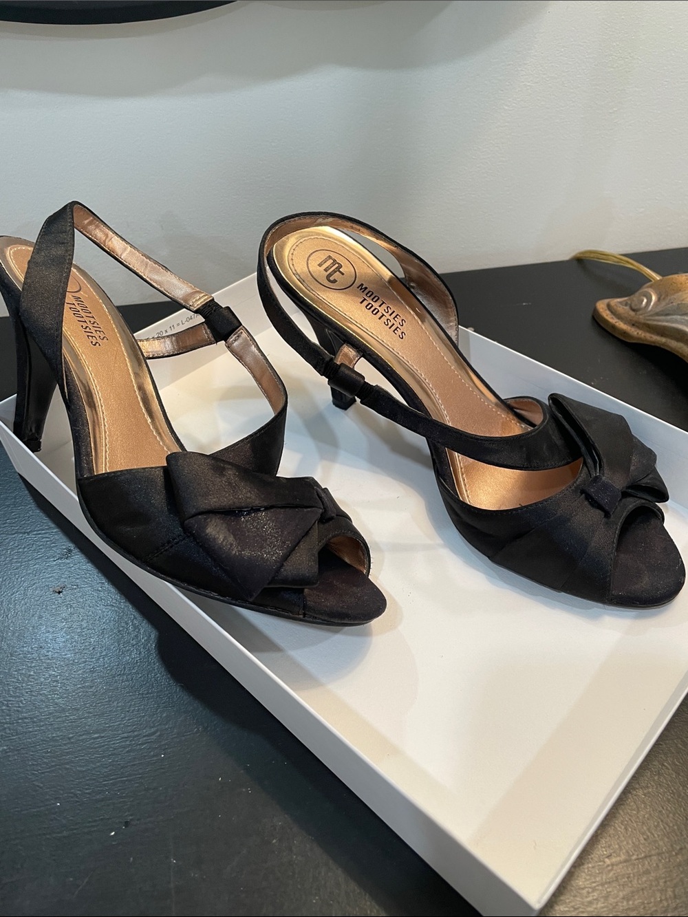 Black Satin Peep-Toe Slingback Heels